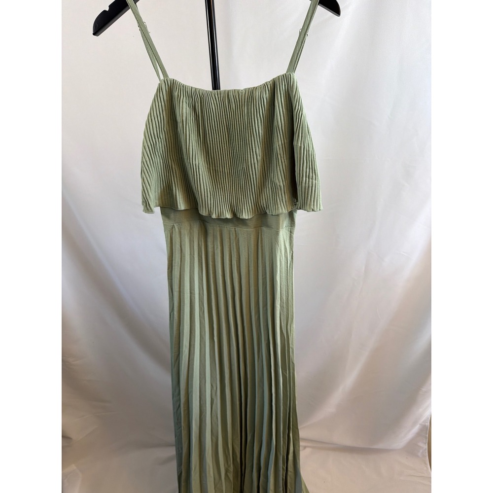 Chic Me Sage Green Pleated Maxi Dress Smocked Back Spaghetti Strap Small